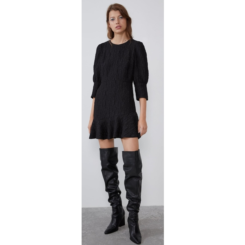 Zara Black Textured Weave Ruffled Mini Dress Size S